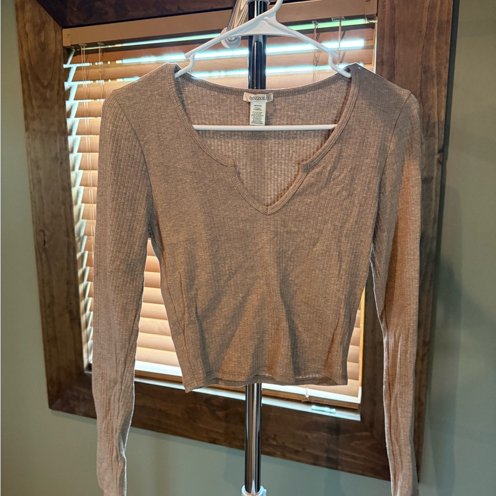 Bozzolo Tan Brown Fitted Crop Long Sleeve Top